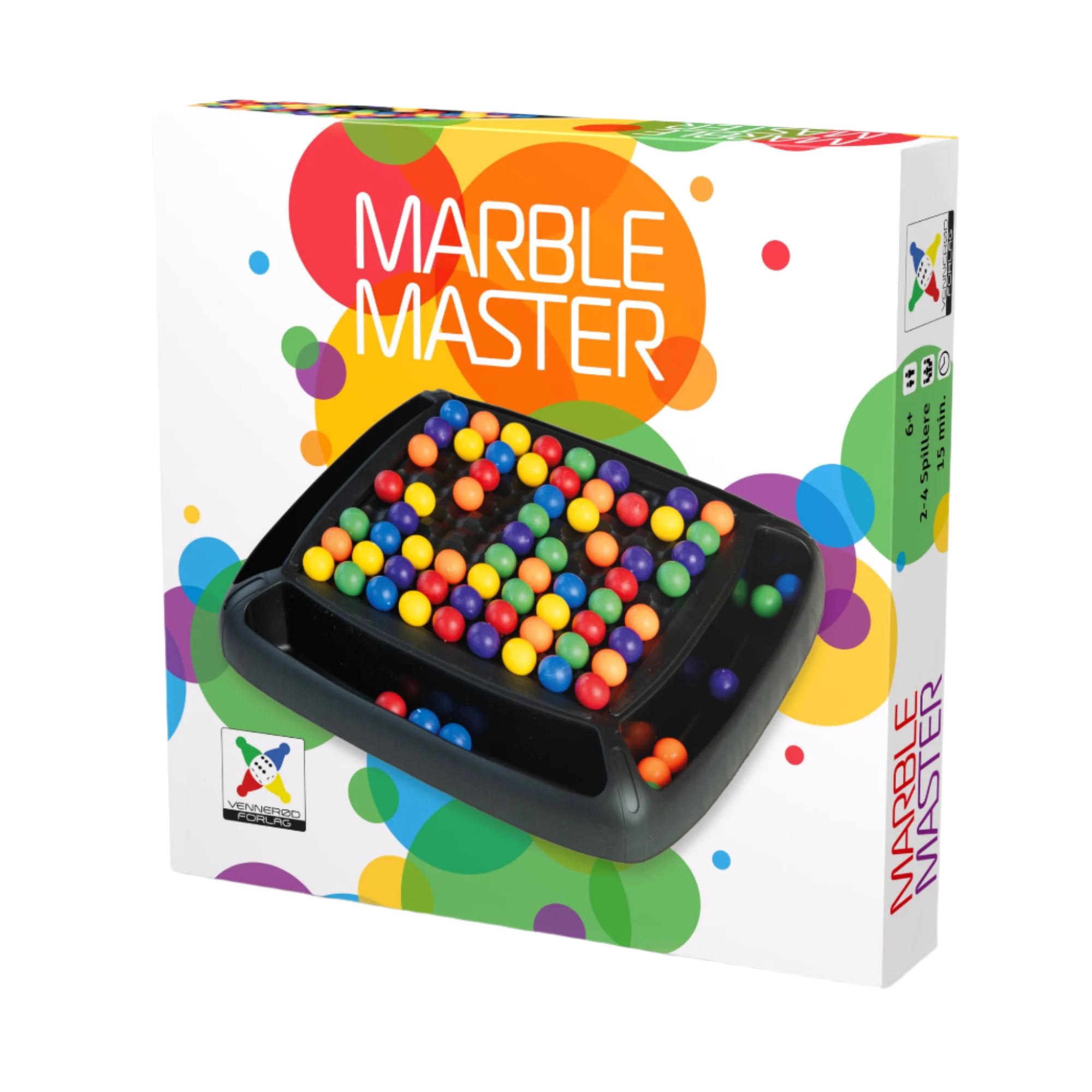 Marble master fingerferdighets-spill eske med fargerike bobler og motiv av spillbrett og kuler